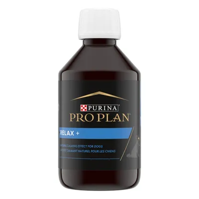 Μπουκάλι με ετικέτα Purina Pro Plan RELAX+. Ορατό κείμενο: Natural calming effect for dogs. Σκούρο πλαστικό μπουκάλι με λευκό καπάκι.