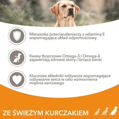 Mieszanka przeciwutleniaczy z witaminą E, kwasy tłuszczowe Omega-3 i Omega-6 oraz składniki odżywcze wspomagające serce. Ze świeżym kurczakiem.