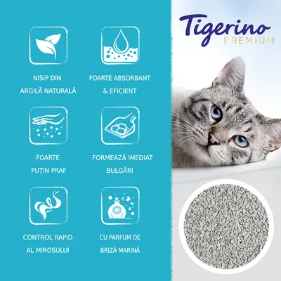 Tigerino Premium. Nisip din argilă naturală, foarte absorbant și eficient, foarte puțin praf, formează imediat bulgări, control rapid al mirosului, cu parfum de briză marină.