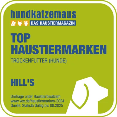 hundkatzemaus Das Haustiermagazin. Top Haustiermarken Trockenfutter (Hunde). Hill's. Umfrage unter Haustierbesitzern, vox.de/haustiermarken-2024. Quelle: Statista Gültig bis 08.2025.