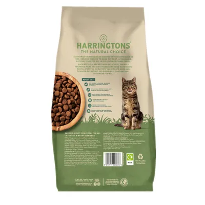 Bag showing Harringtons The Natural Choice adult cat food with visible kibble, feeding information for adult cats, and recyclable packaging symbol.