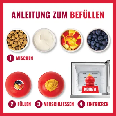 Anleitung zum Befüllen: 1. Mischen von Trockenfutter, Joghurt, Obst und Blaubeeren, 2. Füllen, 3. Verschließen, 4. Einfrieren eines roten KONG-Spielzeugs. Anleitung zum Befüllen: 1. Mischen von Trockenfutter, Joghurt, Obst und Blaubeeren, 2. Füllen, 3. Verschließen, 4. Einfrieren eines roten KONG-Spielzeugs.