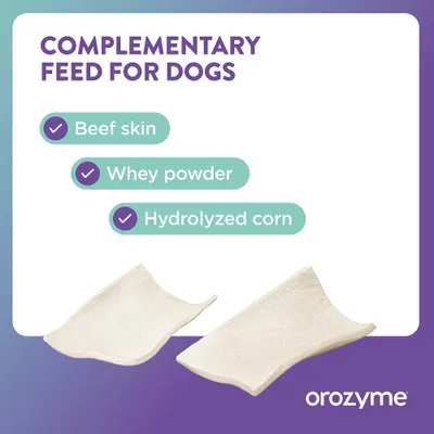 Ergänzungsfutter für Hunde: Rinderhaut, Molkepulver, hydrolysierter Mais. Marke: orozyme. Ergänzungsfutter für Hunde: Rinderhaut, Molkepulver, hydrolysierter Mais. Marke: orozyme.