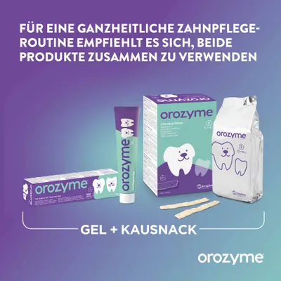 Orozyme Gel und Kausnack. Für eine ganzheitliche Zahnpflege-Routine empfiehlt es sich, beide Produkte zusammen zu verwenden. Orozyme Gel und Kausnack. Für eine ganzheitliche Zahnpflege-Routine empfiehlt es sich, beide Produkte zusammen zu verwenden.