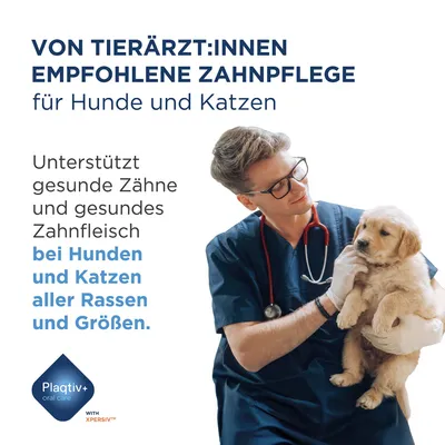 Von Tierärzt:innen empfohlene Zahnpflege für Hunde und Katzen. Unterstützt gesunde Zähne und Zahnfleisch bei Hunden und Katzen aller Rassen und Größen. Plaqtiv+ oral care. Von Tierärzt:innen empfohlene Zahnpflege für Hunde und Katzen. Unterstützt gesunde Zähne und Zahnfleisch bei Hunden und Katzen aller Rassen und Größen. Plaqtiv+ oral care.