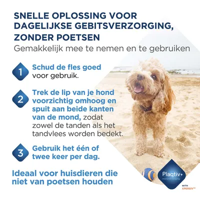 Instructies voor Plaktiv+ mondverzorging: Schud de fles, til de lippen van de hond op en spray aan beide kanten van de mond, één tot twee keer per dag toepassen. Voor huisdieren zonder tandenpoetsen.