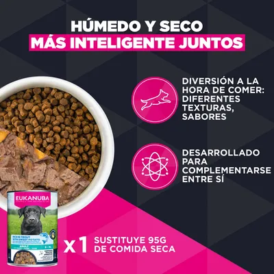 Eukanuba pienso húmedo y seco: diferentes texturas y sabores, desarrollados como complemento. 1 lata sustituye a 95 g de pienso.