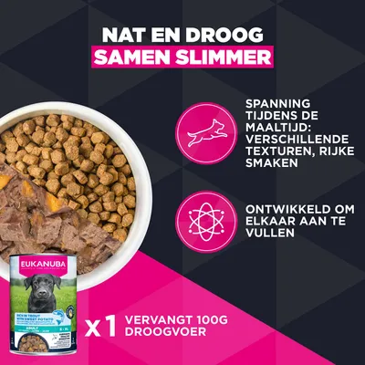 Eukanuba natvoer met zoete aardappel, vervangt 100 g droogvoer. Verschillende texturen en rijke smaken, ontwikkeld als aanvulling. Eukanuba natvoer met zoete aardappel, vervangt 100 g droogvoer. Verschillende texturen en rijke smaken, ontwikkeld als aanvulling.