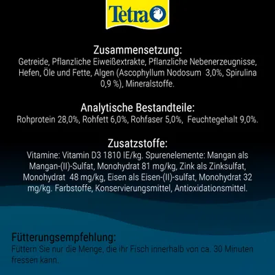 Tetra. Zusammensetzung: Getreide, pflanzliche Eiweißextrakte, Algen, Mineralstoffe. Analytische Bestandteile: Rohprotein 28%, Rohfett 6%, Feuchte 9%. Fütterungsempfehlung: Nur so viel füttern, wie in 30 Minuten gefressen wird. Tetra. Zusammensetzung: Getreide, pflanzliche Eiweißextrakte, Algen, Mineralstoffe. Analytische Bestandteile: Rohprotein 28%, Rohfett 6%, Feuchte 9%. Fütterungsempfehlung: Nur so viel füttern, wie in 30 Minuten gefressen wird.