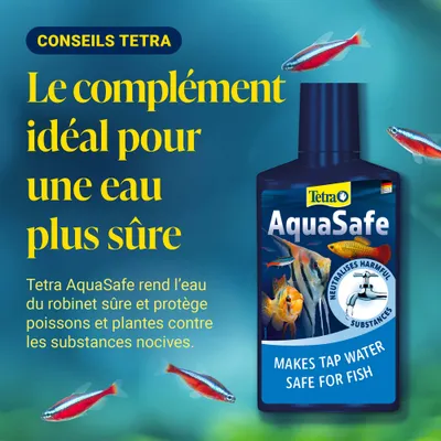Tetra AquaSafe rend l'eau du robinet sûre pour les poissons, protège les poissons et les plantes contre les substances nocives. Le complément idéal pour une eau sûre dans l'aquarium.