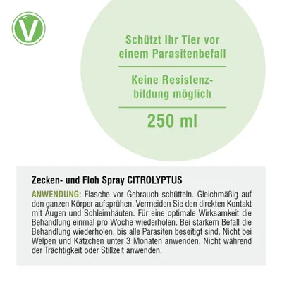 Zecken- und Floh Spray CITROLYPTUS, schützt vor Parasitenbefall, keine Resistenzbildung möglich, 250 ml. Anwendung: Flasche schütteln, gleichmäßig aufsprühen, Kontakt mit Augen vermeiden. Zecken- und Floh Spray CITROLYPTUS, schützt vor Parasitenbefall, keine Resistenzbildung möglich, 250 ml. Anwendung: Flasche schütteln, gleichmäßig aufsprühen, Kontakt mit Augen vermeiden.