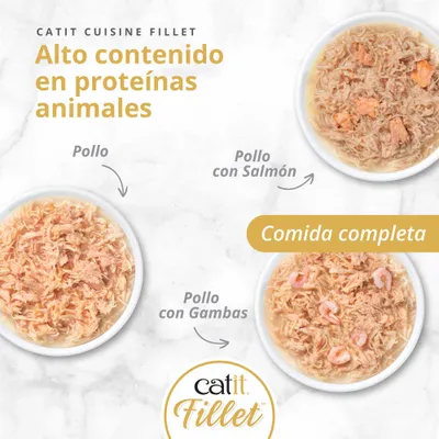Catit Cuisine Fillet. Alto contenido de proteínas animales. Variedades: pollo, pollo con salmón, pollo con gambas. Comida completa. Catit Cuisine Fillet. Alto contenido de proteínas animales. Variedades: pollo, pollo con salmón, pollo con gambas. Comida completa.
