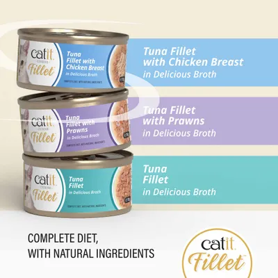catit Fillet: Tuna fillet with chicken breast, tuna fillet with prawns, tuna fillet in broth. Complete nutrition with natural ingredients. catit Fillet: Tuna fillet with chicken breast, tuna fillet with prawns, tuna fillet in broth. Complete nutrition with natural ingredients.