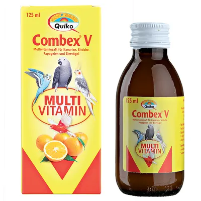 Quiko Combex V Multi Vitamin 125 ml, multivitamines pour canaris, perruches, perroquets et oiseaux d’ornement. Texte en allemand sur l’emballage.