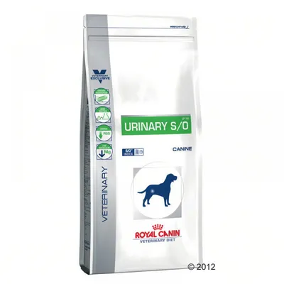 Royal Canin Veterinary Diet Urinary S/O Canine, napisano tudi 'VETERINARY', ikone za nizko vsebnost magnezija in RSS, silhueta psa na embalaži.