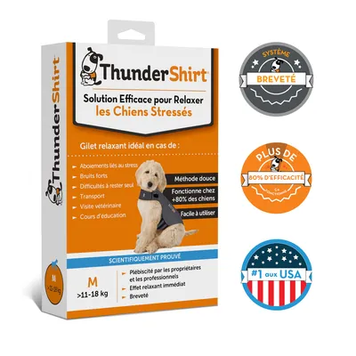 Boîte ThunderShirt M pour chiens 11–18 kg, gilet relaxant contre aboiements liés au stress, bruits forts, transport. Texte : plus de 80% d’efficacité, système breveté, #1 aux USA.