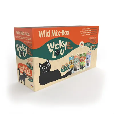 Lucky Lou Wild Mix-Box för vuxna. 12 påsar med 4 sorter: fasan, kanin, vildsvin, hjort. Utan tillsatt socker, köttandel 85%.
