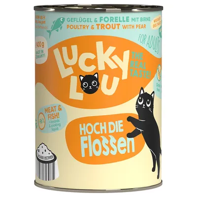 Lucky Lou kattmat, fågel & forell med päron, för vuxna, 400g, Made in Germany, spannmålsfri, 96% kött och fisk, inälvor & kokvätska.
