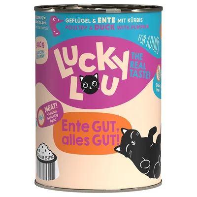 Lucky Lou fågel & anka med pumpa, 400g, tillverkad i Tyskland, för vuxna katter, 96 % köttandel, utan spannmål.