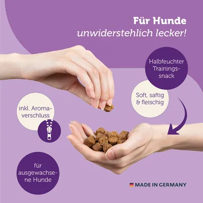 Für Hunde, unwiderstehlich lecker! Halbfeuchter Trainingssnack, soft, saftig & fleischig. Inkl. Aromaverschluss. Für ausgewachsene Hunde. Made in Germany.