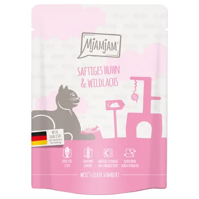 Mjamjam Saftiges Huhn & Wildlachs, Beste Qualität aus deutscher Herstellung, extra viel Fisch, sans céréales, vitamines et minéraux, taurine. Texte en allemand.