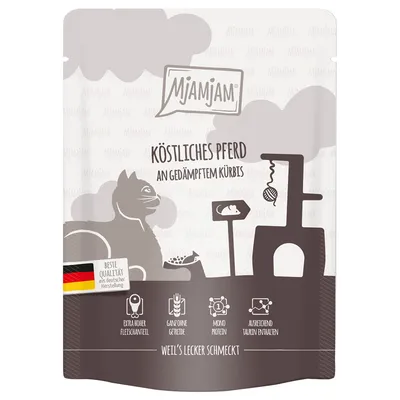 Mjamjam Köstliches Pferd an gedämpftem Kürbis, Beste Qualität aus deutscher Herstellung, extra hoher Fleischanteil, sans céréales, mono protéine, taurine suffisante. Texte en allemand.