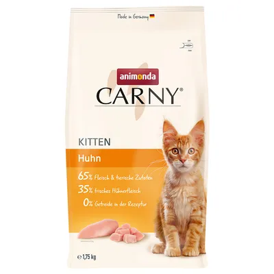 Animonda Carny Kitten kuře, 65 % masa a živočišných složek, 35 % čerstvého kuřecího masa, 0 % obilovin v receptuře, vyrobeno v Německu, balení 1,75 kg.