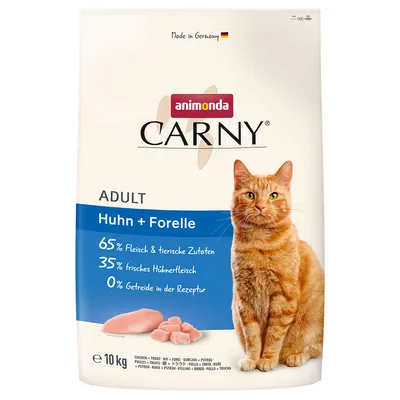 Animonda Carny Adult pui + păstrăv, 65% carne și ingrediente de origine animală, 35% carne proaspătă de pui, 0% cereale în rețetă, produs în Germania, pachet 10 kg.