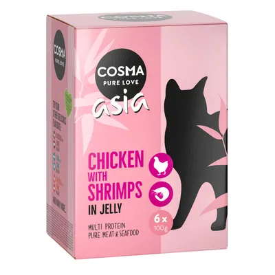 Cosma Pure Love Asia Chicken with Shrimps in Jelly, 6 x 100 g, multi protein, pure meat & seafood feliratú macskaeledel csomagolás látható.