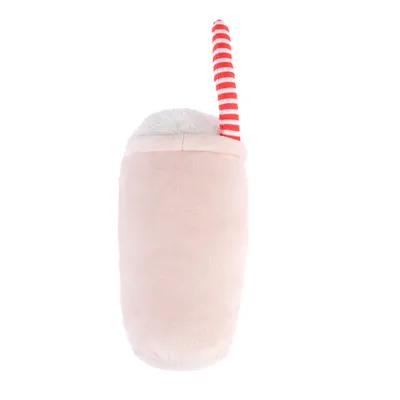 Plišasta igrača v roza barvi z rdeče-belim črtastim repom, primerna za hišne ljubljenčke.