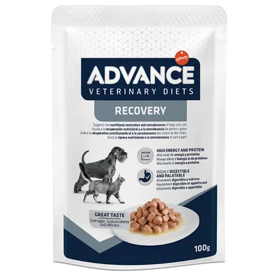 Advance Veterinary Diets Recovery, 100g. Hoog energie- en eiwitgehalte, licht verteerbaar en smakelijk. Geschikt voor honden en katten. Afgebeeld: voerstukjes op bord.