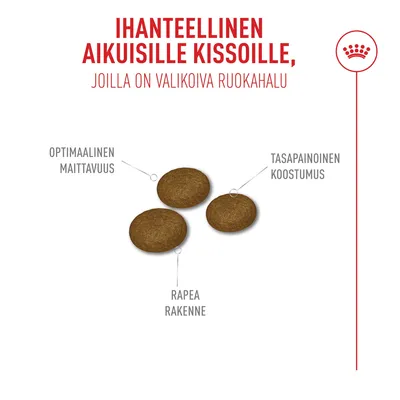 Kuivaruoka aikuisille kissoille, optimaalisen maistuvuuden, tasapainoisen koostumuksen ja rapean rakenteen kanssa. Kuivaruoka aikuisille kissoille, optimaalisen maistuvuuden, tasapainoisen koostumuksen ja rapean rakenteen kanssa.