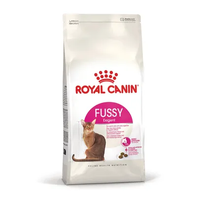 Royal Canin Fussy Exigent karma dla kotów, opakowanie z kotem oraz angielskim tekstem dla wybrednych kotów, Feline Health Nutrition.