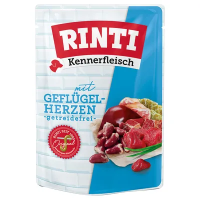 Rinti Kennerfleisch mit Geflügelherzen, getreidefrei. Rinti seit 1989 Original. Abbildung von Fleischstücken und Herzen.