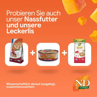 Probieren Sie auch unser Nassfutter und unsere Leckerlis. Wissenschaftlich darauf ausgelegt, zusammenzuwirken. N&D Pumpkin Trockenfutter, Nassfutter, Leckerli abgebildet.