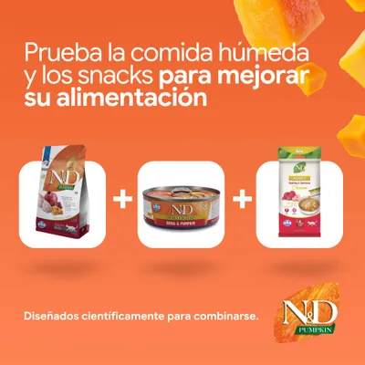 N&D Pumpkin pienso, comida húmeda y snacks. Desarrollado científicamente para combinar y mejorar la nutrición. N&D Pumpkin pienso, comida húmeda y snacks. Desarrollado científicamente para combinar y mejorar la nutrición.