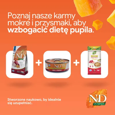 N&D Pumpkin karma sucha, mokra i przekąska obok siebie. Tekst: „Opracowane naukowo, aby idealnie się uzupełniać.”