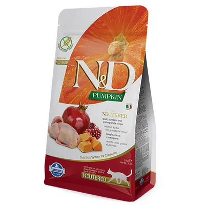 N&D Pumpkin Neutered Adult Cat. Ricetta con quaglia, zucca e melograno. Nutrition System for Carnivores. Logo Farmina visibile.