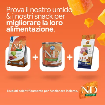 N&D Pumpkin crocchette, alimento umido e dental treats. Sviluppato per migliorare l'alimentazione. Scientificamente formulato per agire in sinergia.