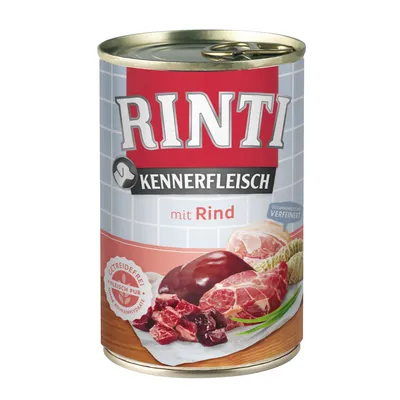 RINTI Kennerfleisch mit Rind, getreidefrei, Fleisch pur, ohne Kohlenhydrate. Abbildung von verschiedenen Fleischstücken auf der Dose.