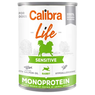 Calibra Life Sensitive pre psy, monoproteín s králikom, obohatené o lososový olej, hypoalergénne, 100 % definované zdroje.