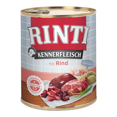 Konzerva Rinti Kennerfleisch mit Rind, prikaz komada govedine i iznutrica, vidljiv tekst: Getreidefrei, Fleisch pur, ohne Kohlenhydrate, Zusammensetzung verfeinert.