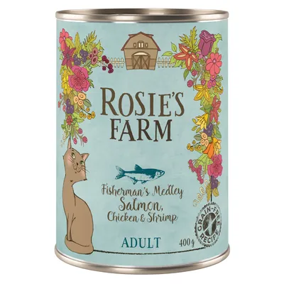 Rosie's Farm mokré krmivo pro kočky, varianta Fisherman's Medley s lososem, kuřetem a krevetami. Bezobilná receptura, 400g konzerva, vhodné pro dospělé kočky.