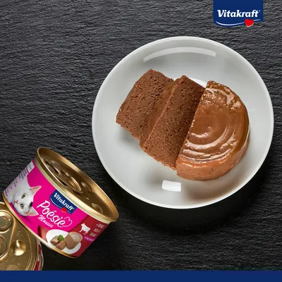 Vitakraft Poésie Mousse marhahús tányéron, mellette felnyitott konzerv a termék képével és a márka logójával. Vitakraft Poésie Mousse marhahús tányéron, mellette felnyitott konzerv a termék képével és a márka logójával.