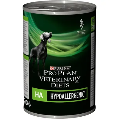 Tin labelled Pro Plan Veterinary Diets HA Hypoallergenic, showing veterinary clinical nutrition and hypoallergenic formula information.