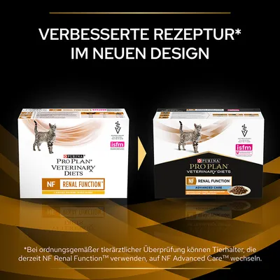 Purina Pro Plan Veterinary Diets NF Renal Function im neuen Design und verbesserter Rezeptur. Hinweis: Wechsel auf NF Advanced Care bei tierärztlicher Überprüfung möglich.