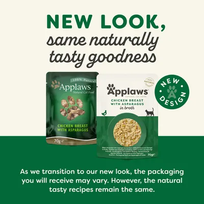 Announcement showing Applaws chicken breast with asparagus packaging changing to a new design, stating the product inside remains the same despite different packaging.