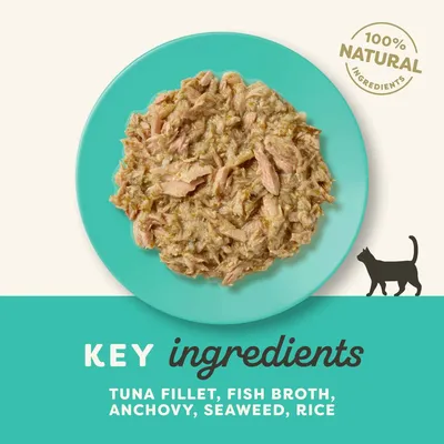 100% NATURAL INGREDIENTS. KEY ingredients: tuna fillet, fish broth, anchovy, seaweed, rice. Tekst w języku angielskim.