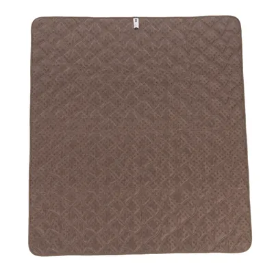 Brown, quilted blanket with diamond-shaped pattern and small loop at the top centre.