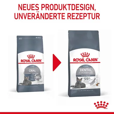 Texte en haut : NEUES PRODUKTDESIGN, UNVERÄNDERTE REZEPTUR. Sacs Royal Canin Care Oral et Care Dental pour chat, design modifié, même recette, mention -59 % tartre en 28 jours.